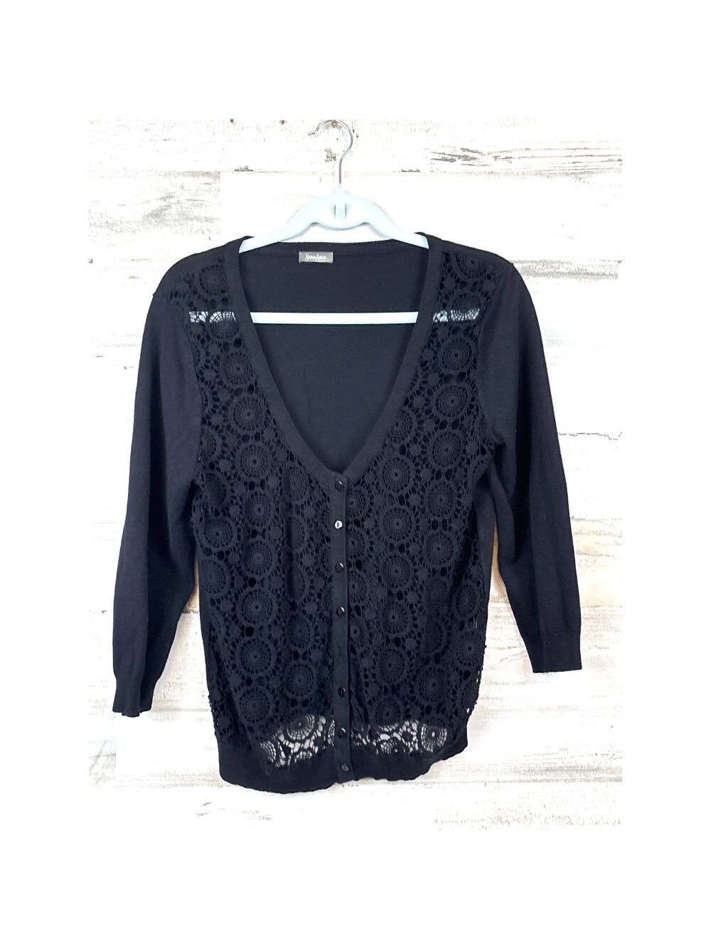 Neiman Marcus Womens L Black Lace Front Button Up Lightweight Knit Cardigan